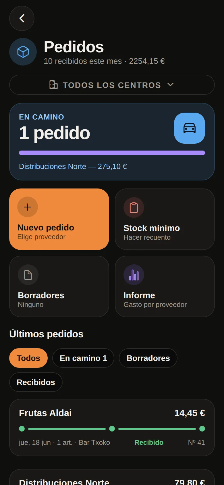 Pantalla de pedidos de Kudeatu: un pedido en camino, accesos a nuevo pedido, stock mínimo, borradores e informes.